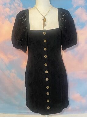 Lovely Free People Black Eyelet Puff Sleeve Button-Front Mini Dress